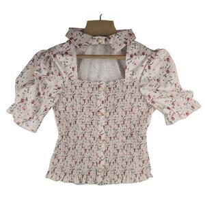 Peek a Boo Top Pink Red Roses sexy smocked shirt Puff Sleeves Pearl  Coquette